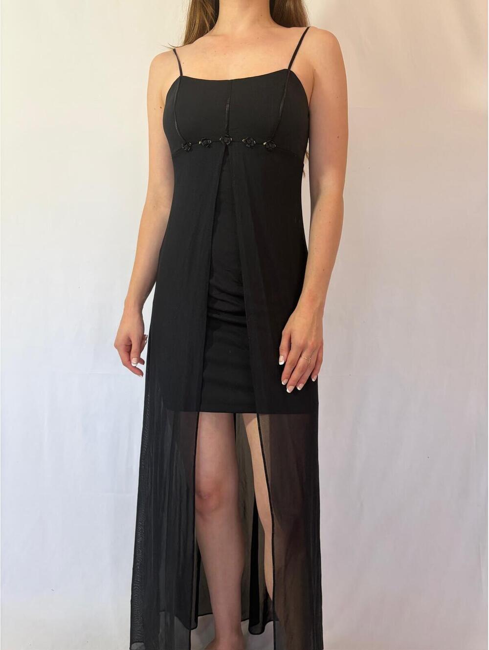 Vintage Blondie Nites Black Rosette Mesh Overlay High Low Evening Gown - Picture 2 of 7
